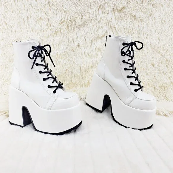 White Matte Chunky Platform Goth Punk Ankle Boots Camel - Picture 13 of 14